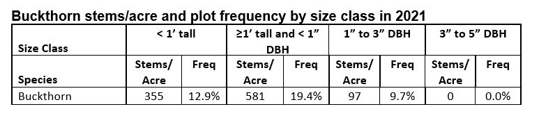 Buckthorn stems/acre and plot frequency by size class in 2021.