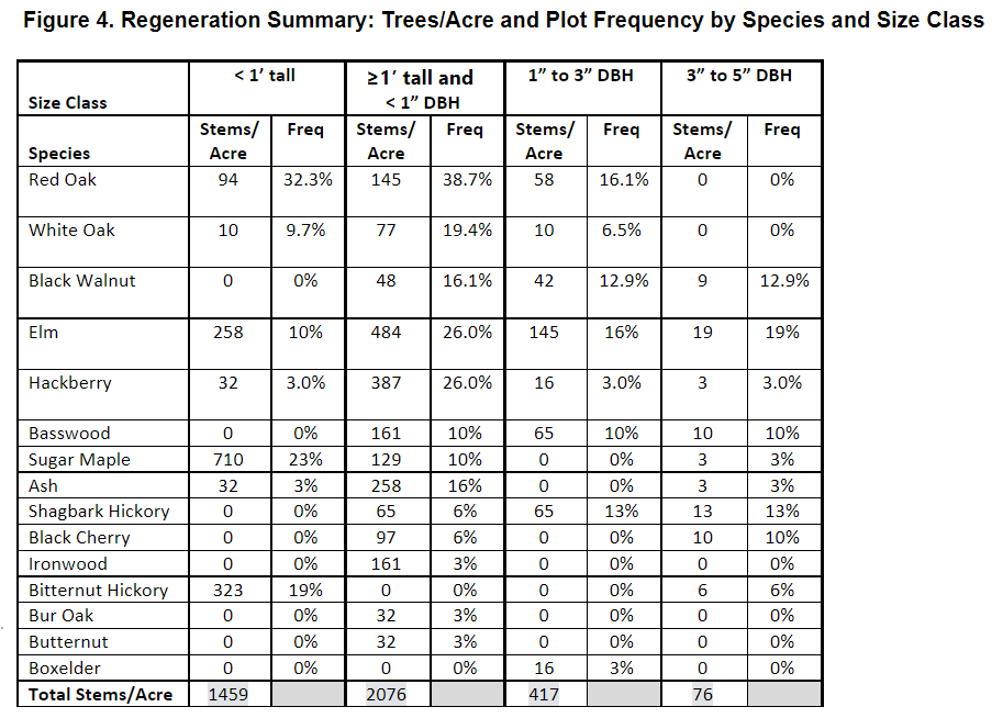 Regeneration summary: trees per acre and plot frequency by species and size class.