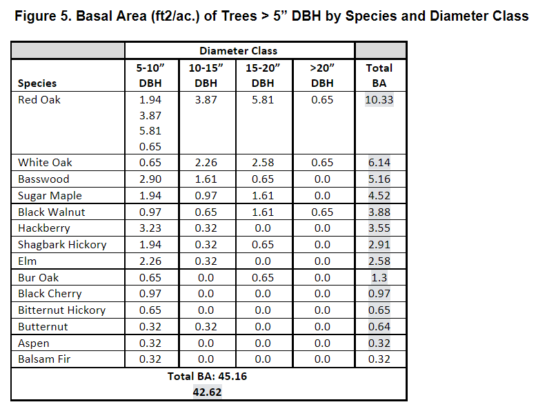 Basal area of trees >5" DBH by species and diameter class.