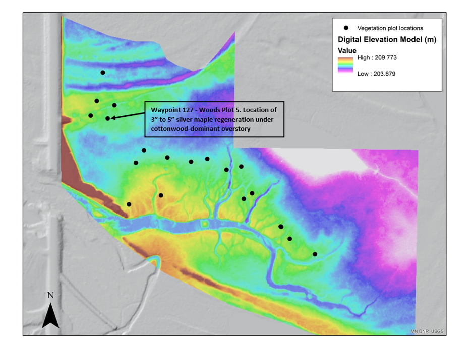 Digital elevation model image of case study area showing 2021 sample plot locations