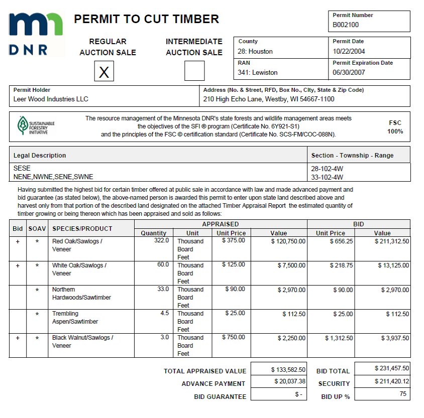 Timber sale permit for winter 2005/06 harvest