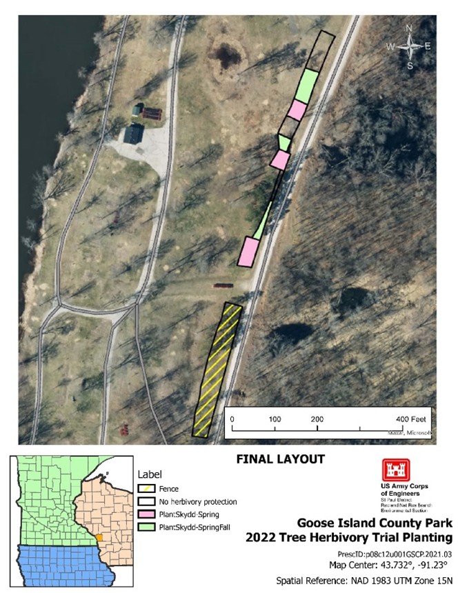 This graphic shows the experimental plots between a campground and road.
