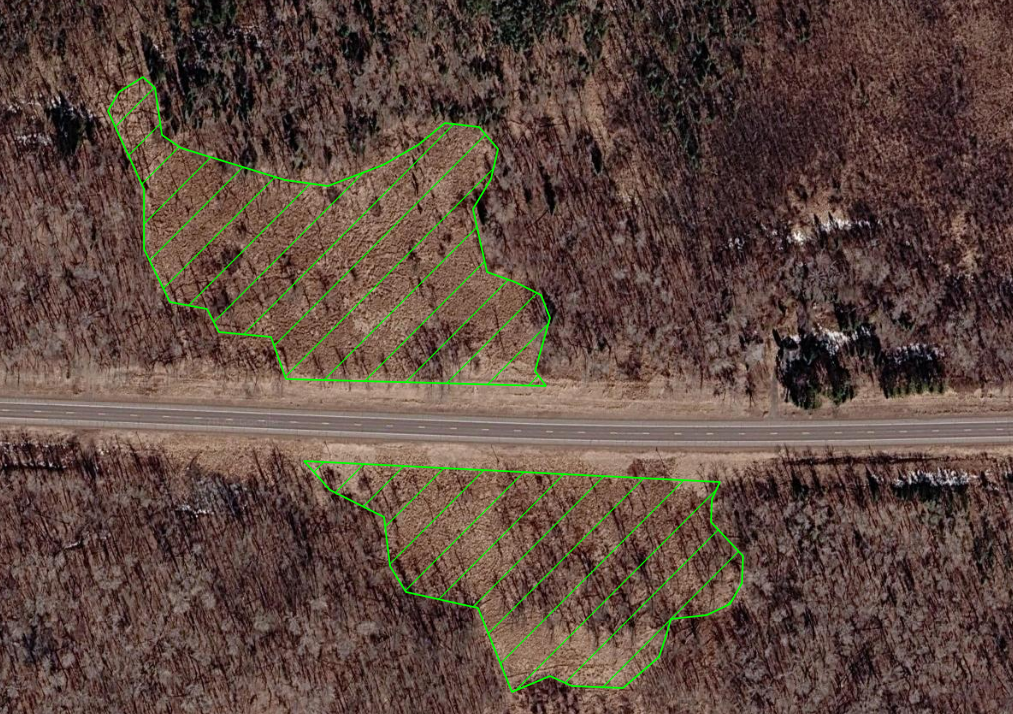 A map of the project area showing Highway 210 separating two stands.