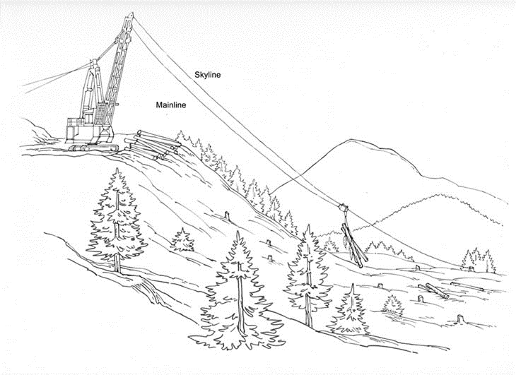 Artist sketch of one type of hi-lead cable logging system. Source: Cable Logging Operations, USDA Forest Service